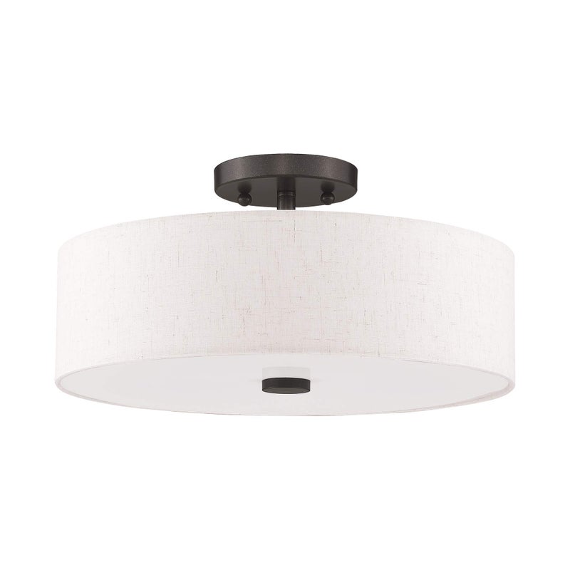 Livex Lighting 52135-92 Meridian Collection 3-Light Semi Flush Mount Ceiling Fixture with Oatmeal Color Fabric Hardback Drum Shade and Satin White Diffuser, English Bronze - Image 3
